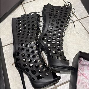 Black Lace-Up Cutout Heeled Boots